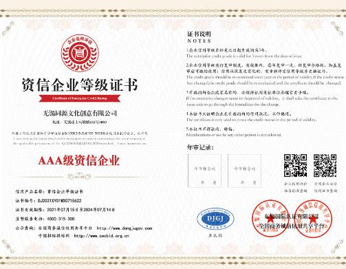 Credit Enterprise Level Certificate - Wuxi Tongyuan Cultural & Creative Co., Ltd.