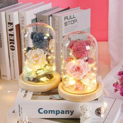 China 2024 Rose Red Everlasting Flower Glass Cover Gift Box Moss Bear Dried Rose for Father's Day for sale