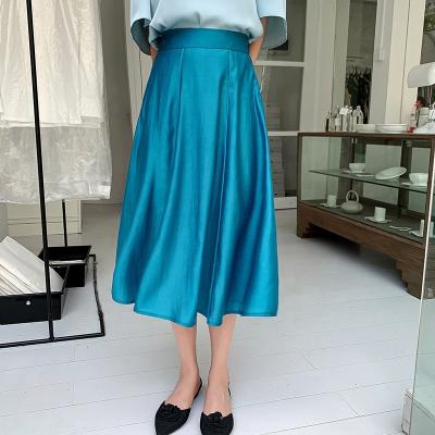 China Hanna's Solid Color Simple Formal Style Fashion Office Ladies Breathable High Waist Skirt Pleated Big Swing Loose Edge Knee Long Skirt for sale