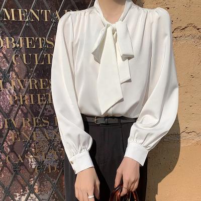 China Hanna Fall New Formal Fashion office workable ladies bow neck satin blouse work shirts simple solid long sleeve top shirts for women for sale