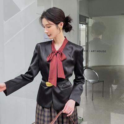 China 2022 Hanna Office Ladies Autumn Simple Formal Style Jacket Anti-wrinkle Sheath Long Wrap Waist Solid Color Wear Slim Top Coats For Women for sale