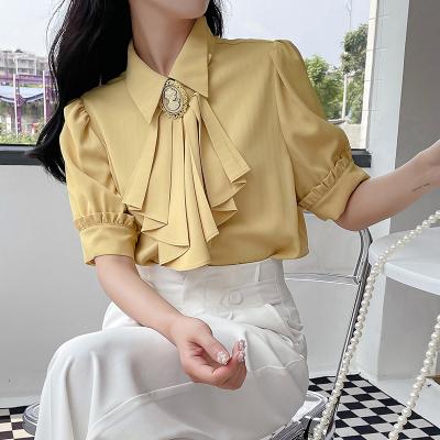 China Hanna Female Work Clothes Elegant Vintage Breathable Women Blouses Summer Shorts Sleeve Shirt White/Yellow/Pink/Blue for sale