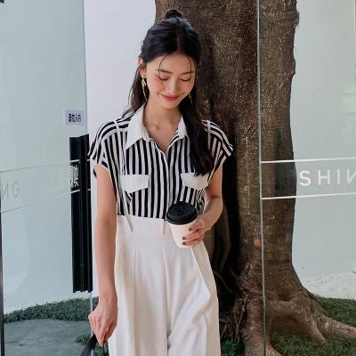 China Hanna Black /White Breathable Polyester Sleeveless Classic Striped Office Ladies Shirt Patchwork Loose Women Elegant Blouse for sale