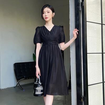 China Lady Simple Office Dresses Hanna Black /Beige Color Women Summer Light Chiffon Dress Fashion Korean Elegant Breathable V-Neckline High Waist for sale