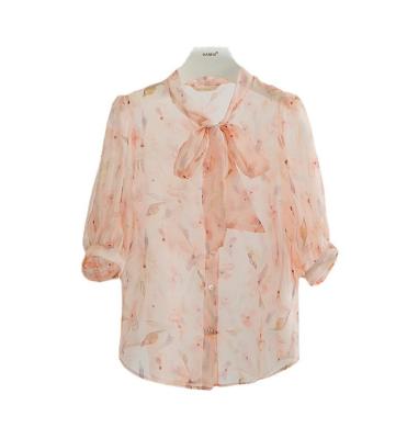 China Summer Breathable Fancy Shirt Breathable Floral Print Bow Tie Short Women Full Sleeve Blouses 2022 Trending Clothes for sale