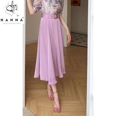 China Hanna Wholesale Breathable Ladies Simple Style Elegant Waist A High Line Midi Skirts Long Solid Color Swing Tall Women's Clothing Skirts for sale