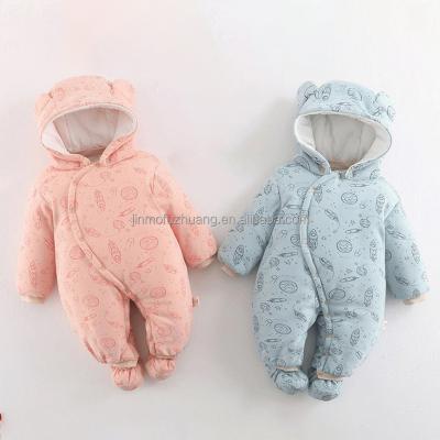 China Keep Warm Wholesale With Button Cartoon Print Overalls Toddler Winter Clothes Infants Thickening Baby Rompers for sale