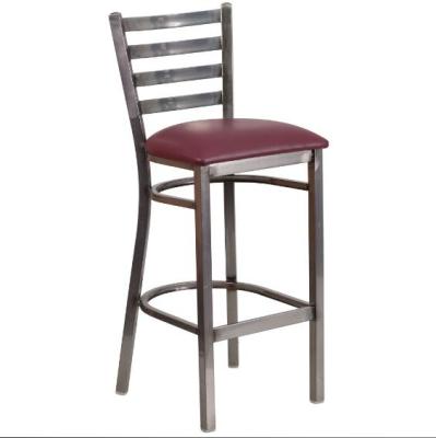 China Clear Coated Bar Chair Ladder Back Metal Restaurant Barstool With Burgundy Vinyl Seat for sale