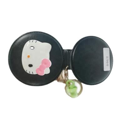 China Factory direct double sided cute hellokitty pattern leather double sided compact makeup mirror with key ring for sale