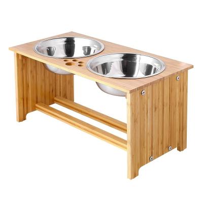 China Automatic Cat and Dog Carrier Feeder with Stainless Steel Two Height Adjustable Bamboo Pet Bowl for sale