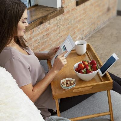 China Classic Portable Breakfast Table Overlay Tray With Handle Folding Table Top With Foot Stand Bamboo Trays for sale