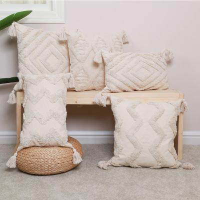 China Nature Non-Toxic Custom Cotton Stripes Decor Boho Monad Embroidery Tile Tufted Cushion Cover With Tassel for sale