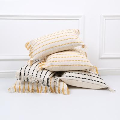 China Sustainable Boho Cotton Two Tone Yellow Black White Interwoven Stripe Jacquard Pillow Covers Cushion Covers Decorative Tassels Pillows for sale