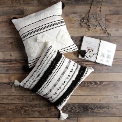 China Wholesale Black Bohemian Woven Waist Pillow Cover Folded White Square Tufted Boho Cushion Cover Home Decorative for sale