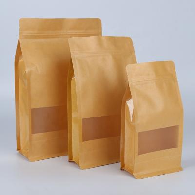 China 36*25 Biodegradable Custom Logo Window Eco Friendly Clear Coffee Packaging Kraft Paper Ziplock Stand Up Flat Bottom Bag With Zipper for sale