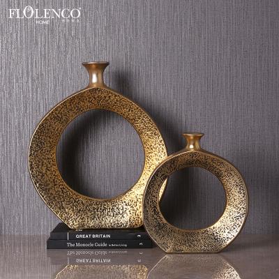 China Europe Gold Cavity Centerpiece Vases Centerpiece Small Gold Nordic Round Mouth Table Gold Circular Ceramic Flower Vase for sale