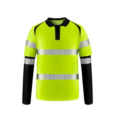 China Wickable Factory Manufacture Men's Safety Reflective High Visibility Fake Two-Piece Sleeved Polo Shirt Long for sale