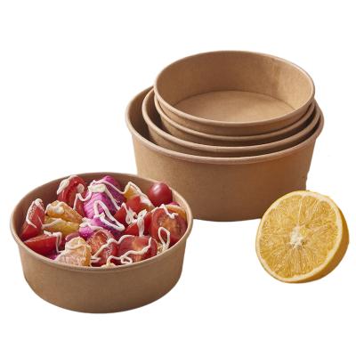 China Waterproof In Stock 750ml Brown Kraft Disposable Salad Bowl With Clear Lid for sale