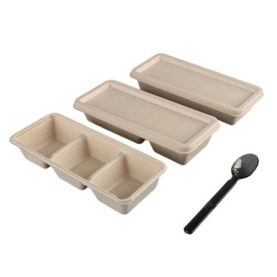 China Leakproof Food Sugar Cane Bagasse Food Packaging Container 3 Compartment Disposable Bento Lunch Box for sale