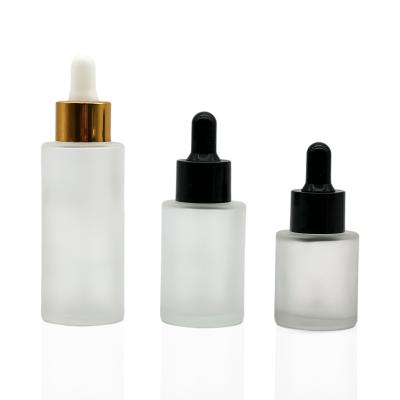 China Cosmetic Frosted Glass Flat Eye Dropper Bottle 20ml 30ml 50ml Shoulder Serum Dropper Bottle for sale