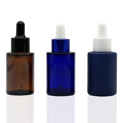 China 1oz 30ml Cosmetic Shoulder Cylinder Amber Blue Flat Glass Dropper Bottle For Serum Essential Oil for sale