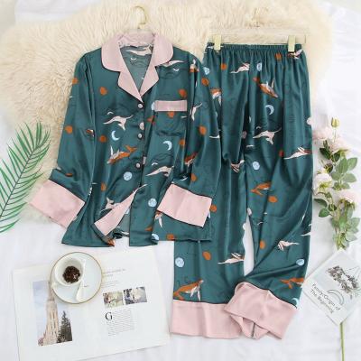 China 2019 Breathable Silk Satin Home Clothes Color Shirt Suit Long Sleeve Pants for sale