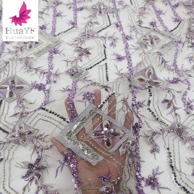 China Lilac collection HY2207 of Mesh Fabric With Sequins For handwork viable warm heavy beadwork beaded embroidery for sale