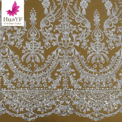 China Viable newcomer women french wedding dress with sequins beaded bridal lace fabric for wholesale price HY2009-1 for sale