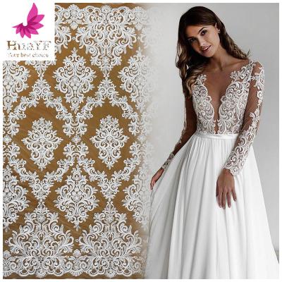 China Viable High Density Snow White Bridal Tulle Embroidery Wedding Net Embroidery Lace Dress Fabrics HY1446 for sale