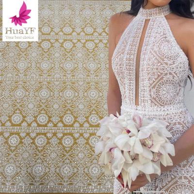 China Viable Circle Pattern Bridal White Sequin Beads White Wedding Tulle Beaded Laces Fabrics For Women HY2296 for sale