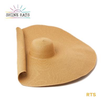 China 2021 80cm Huge Wide Brim Barred Straw Hat Sun Beach Women Extra Wide Ladies Fashion Luxury Oversized 100% Paper Hat for sale