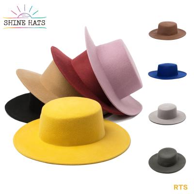 China Shinehats OEM Women's Wool Flat Top 5 Color Women's Striped Ladies Felt Hat Wholesale Formal Round Brim Women's Wool Felted Hat for sale