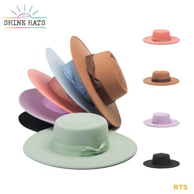 China Shinehats OEM Sombrero Elegante 100% Wool Brim Hat Striped Bands With Bowknot Wholesale for sale