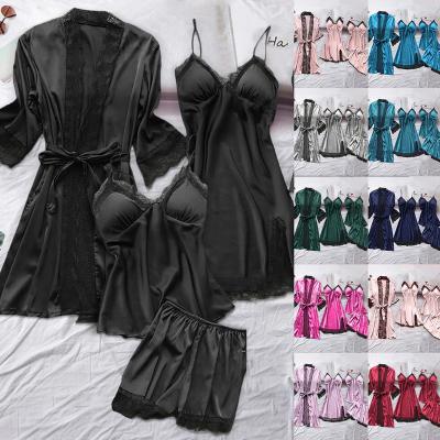 China Manufacturers sexy women QUICK DRY soft pajamas ladies 4 pieces satin silk sleepwear pajamas sets cheap pajamas set for sale