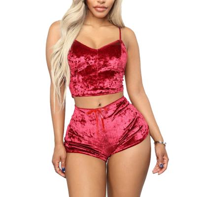 China QUICK DRY Women Sexy Velvet Pajamas Sets Ladies Lace Up V Neck Crop Tops Shorts Lingerie Pajamas Sleepwear 2Pcs Sets for sale