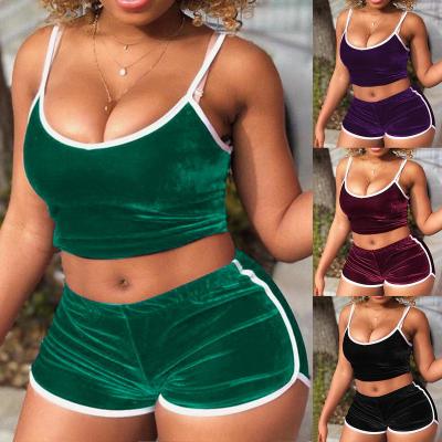 China 2021 hot sale QUICK DRY women's sexy velvet set of 2 piece top elastic sleeveless crop camisole strap gear shorts waist shorts for sale