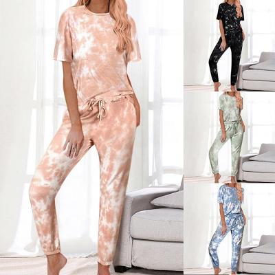 China QUICK DRY Women Tie Dye Pajamas Suits Daily Casual Wear Short Sleeve Around Top Lady Two Pieces Neck Pocket Long Pants Sets for sale