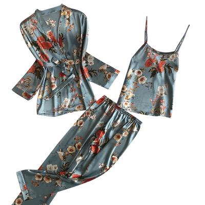 China New Sheath QUICK DRY Women Floral Korean Fashion Casual Satin Long Blue 3 Pieces Pajamas Set for sale