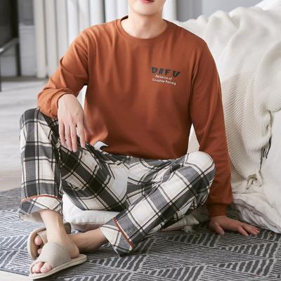 China Men's Breathable Pajamas Long Sleeve Pants Set Homewear Cotton Sleepwear Solid Four Seasons Wear Set for sale