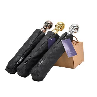 China Vintage Business Gifts 3 Folds Automatic Umbrella With Customer Logo Printing High End Metal Handle for sale