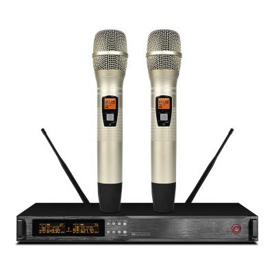 China Handheld Professional Vocal Karaoke 2 Channel UHF Artist Microphone ATSH AT6200 Wireless Microphone System for sale