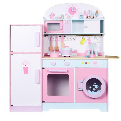 China Improve Hands-on Ability and Find Fun Hot Pink Utensils Large Wooden Pretend Play Wooden Fridge Kitchen Toy for Kid for sale