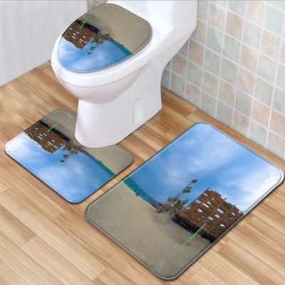 China Washable Landscape Pattern Bathroom Floor Mat Three Piece Set Washroom Toilet Mat Set Non Slip Mat In Stock 50*80cm for sale