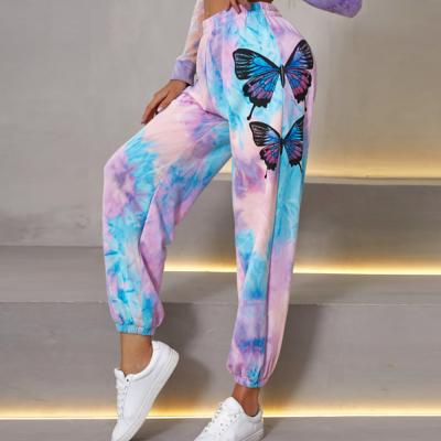 China High-waisted New Fashion Butterfly Printed Tie Dye Drawstring Pants for sale