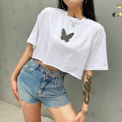 China Instock QUICK DRY Cotton Crop Top Butterfly Printed T-Shirt For Women for sale