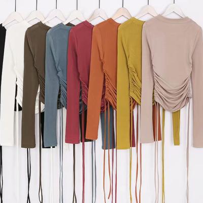 China Viable Wholesale Women Long Sleeve Pleated Drawstring T-Shirt for sale