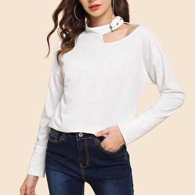 China Sustainable Design Wholesale Neck Belt Women Long Sleeve White T Shirt for sale