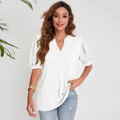 China Anti-wrinkle women's main 2022 summer new crystal v-neck solid color puff sleeve casual loose T-shirt women for sale