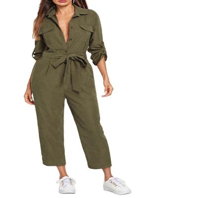 China 2019 Newly Anti-wrinkle Fashion Roll Tab Sleeve Button Front Self Belted Women Service Overalls for sale