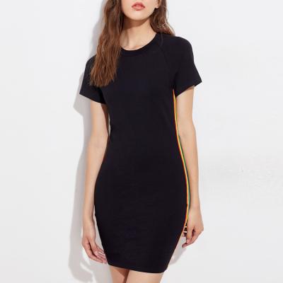 China Breathable Casual Cute Short Dress Spring And Summer Long Neck Black Round Thin Stripe T-shirt for sale